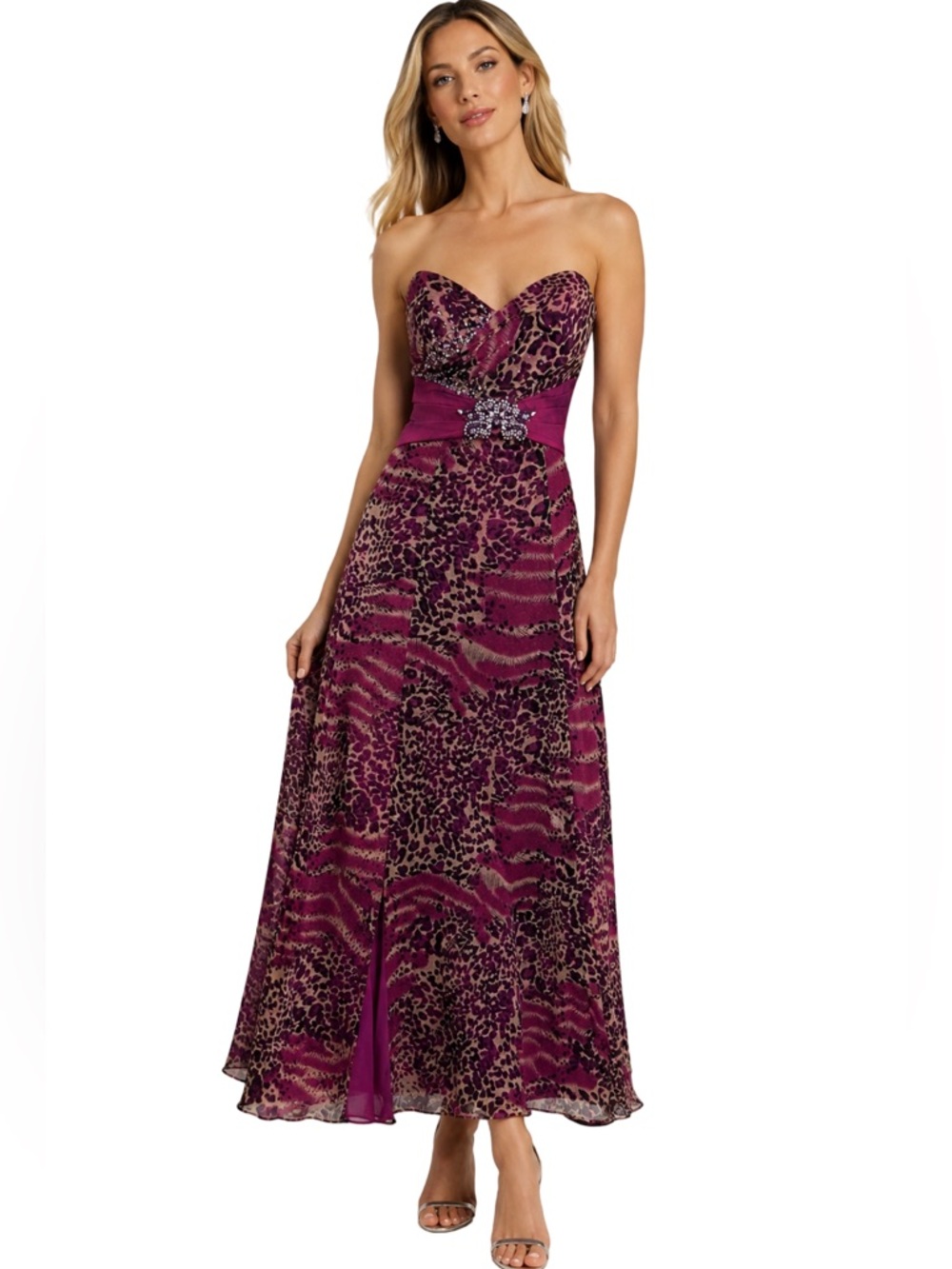 Tony Bowls PARIS Formal Gown Pink Purple Animal Print Sequined Beaded Strapless